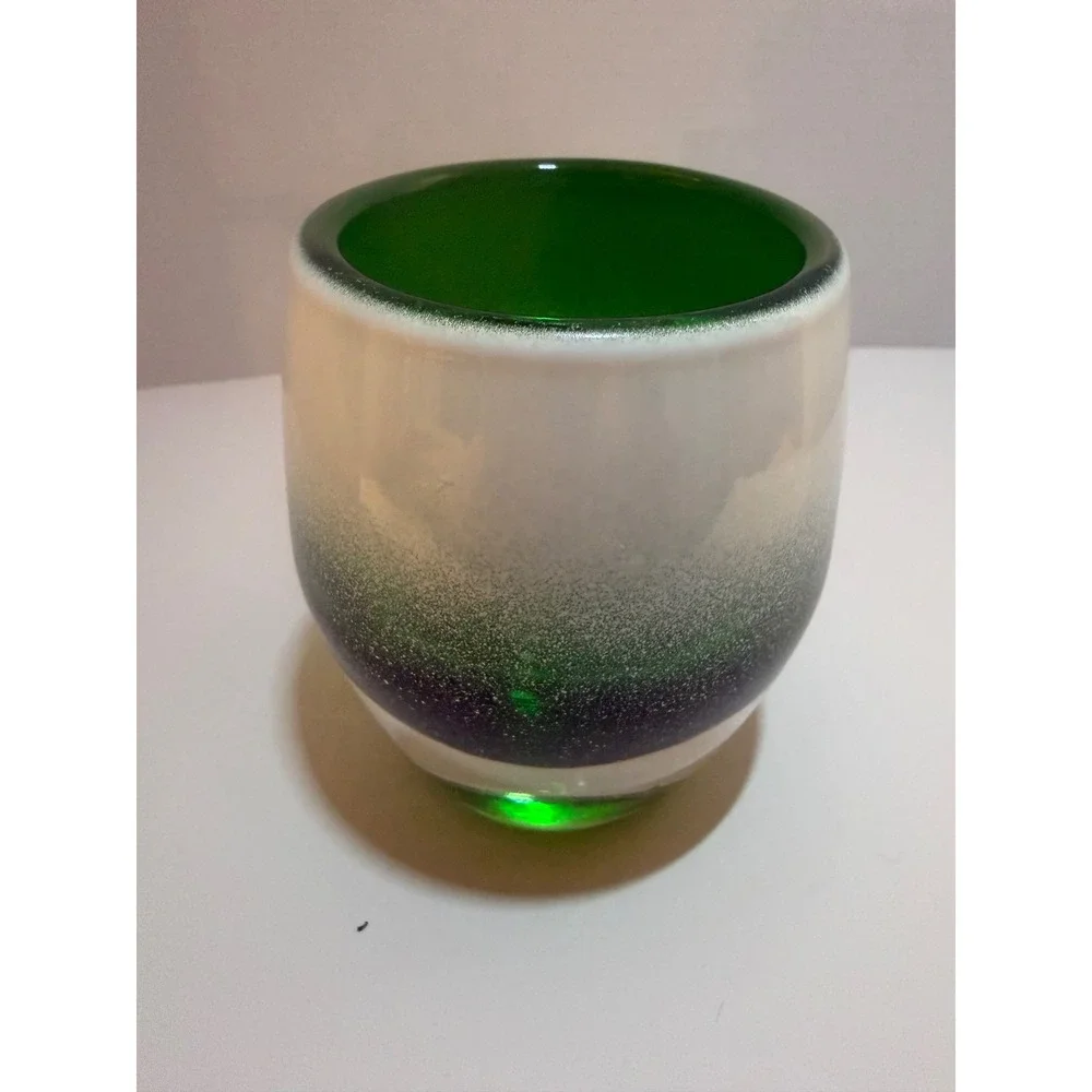 Hand Blown Art Glass Votive Candle Holder Green White Ombre Frosted Cased Glass